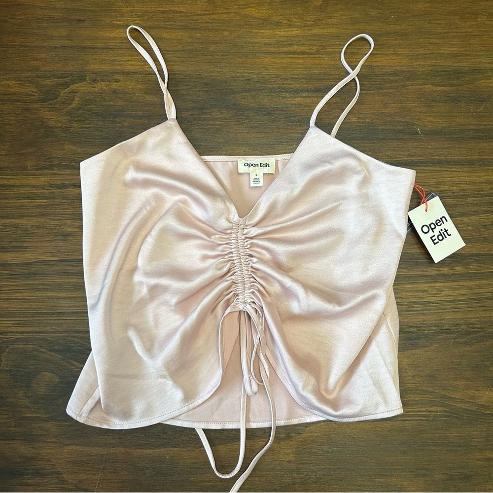 Open Edit NWT silky Women's small Pink Ruched cropped tank Top